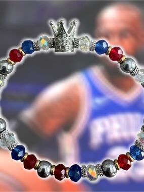 Unisex “New King of Philly” Crown Beaded Stretch Bracelet - Red & Blue